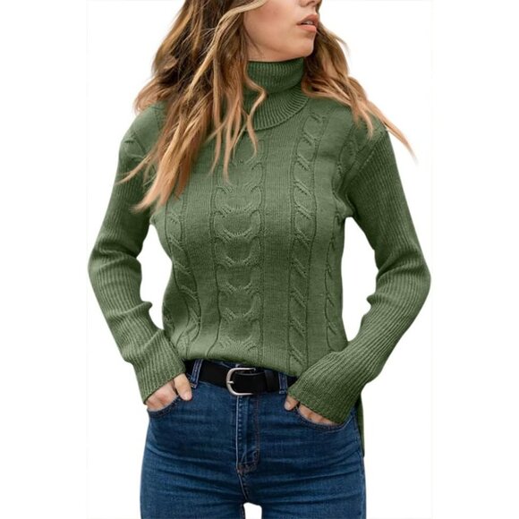 Womens Olive Pull On Cable Knit Turtleneck Long Sleeve Casual Warm Sweaters - Picture 2 of 2